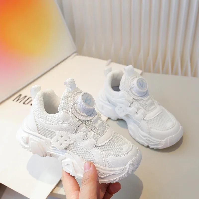 Children Casual Sports Shoes with Rotating Button Boys Girls Sneakers Mesh Breathable 2024 New Kids Running Shoes Thick Sole