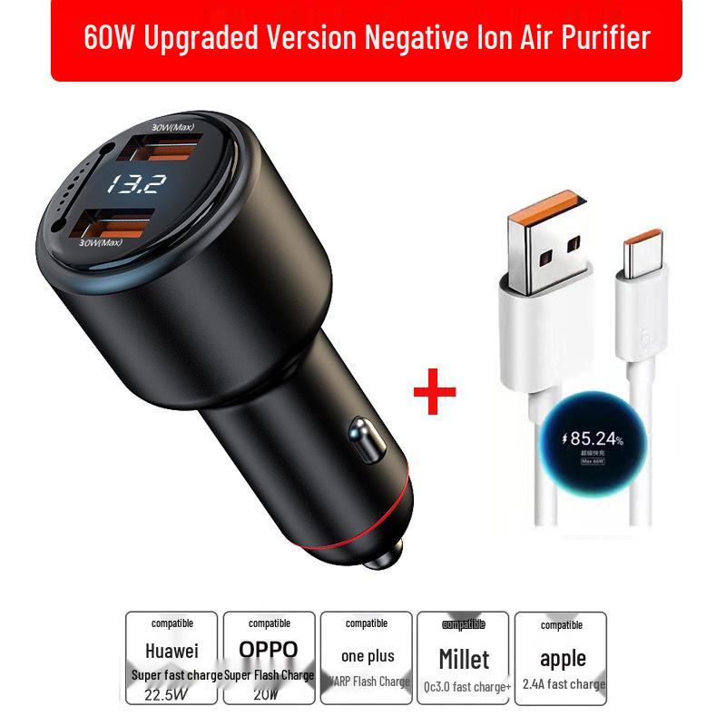 Dual USB Car Charger with Fast Charging & 200W Negative Ion Air Purifier