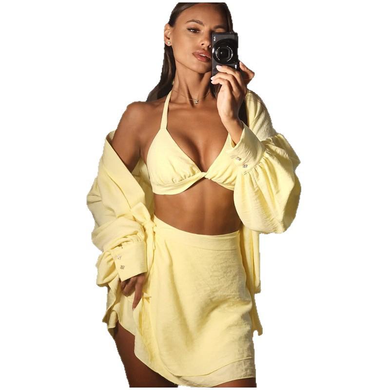 Ladies' Lantern Sleeve Loose Shirt Half Skirt Set Yellow Casual Set Spring Summer New Outfit Ladies' Plus Size Set Daily Commuting Style
