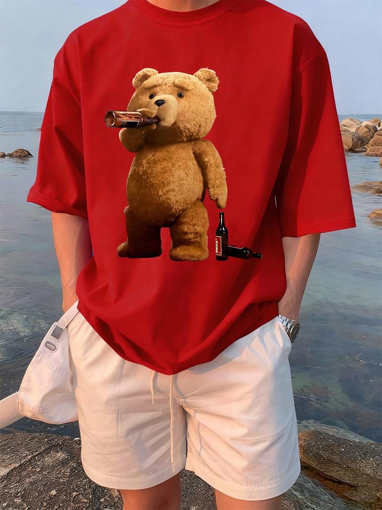 The Melancholic Bear Drinking Printing TShirt Women Cotton Summer T Shirt Comfortable Loose ONeck Tops Street Woman Clothes