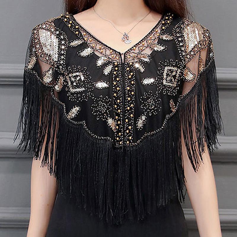 Chal Fluido de Lentejuelas y Perlas Estilo Retro de los Años 20 para Mujer Vestido de Novia con Banquete Escenario Fiesta