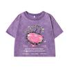 Women Cotton Crop Washed T-Shirts Street Life Women'S Heart Slogan Prints Tops Oversize O-Neck Distressed Clothes