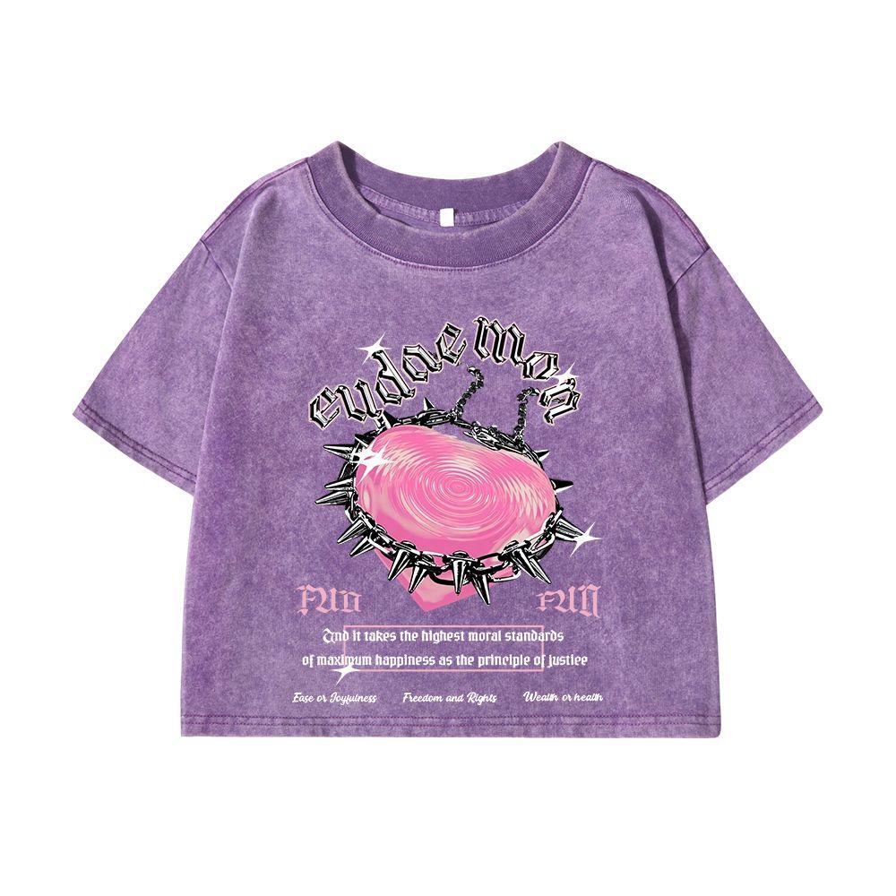 Women Cotton Crop Washed T-Shirts Street Life Women'S Heart Slogan Prints Tops Oversize O-Neck Distressed Clothes