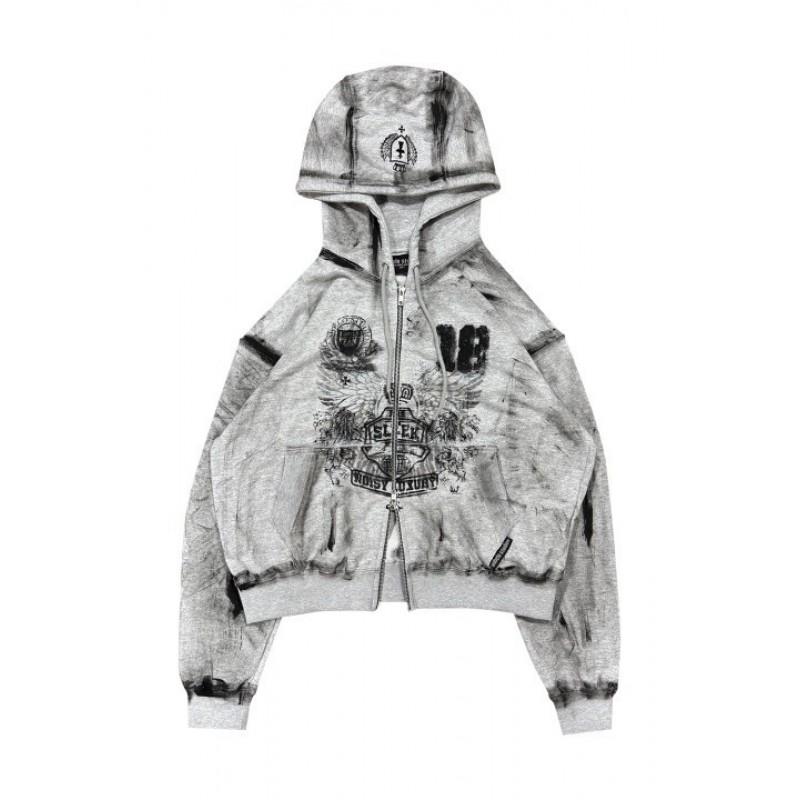 Vintage American Graffiti Print Hooded Cardigan Set Loose Fit Streetwear Teens