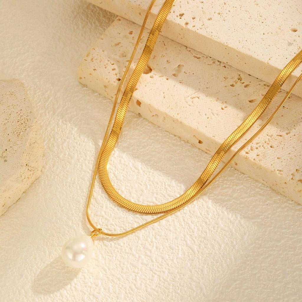 Stainless Steel Water Drop Imitation Pearl Double Layer Stacked Gold Necklace Fashion Jewelry 2076