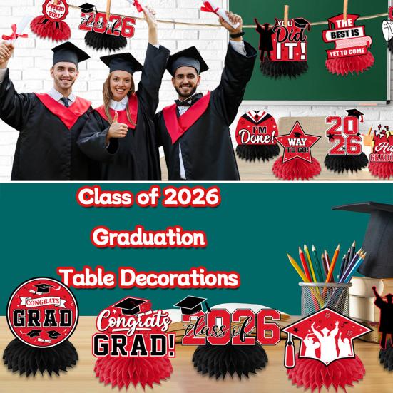 12Pcs 2026 Graduation Honeycomb Decor 3D Honeycomb Centerpieces for Commencement Party Red & Black Theme Bachelor Cap Party Decor for Table Decor &