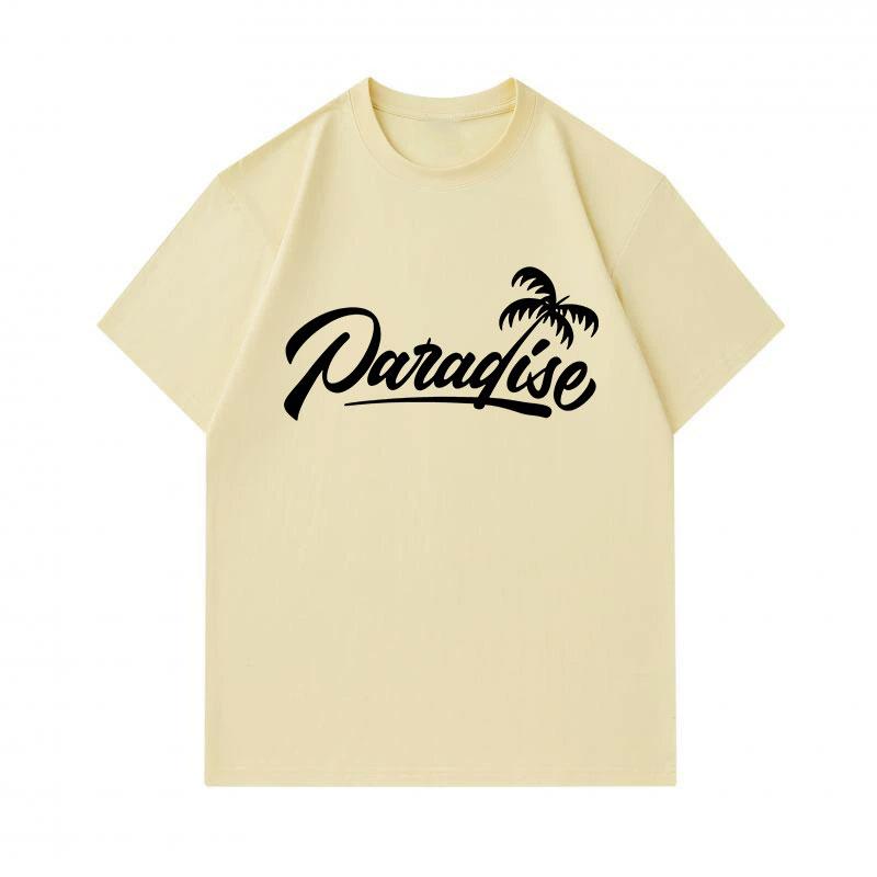 Men's 100% Cotton Crew Neck Short Sleeve T-Shirt, Casual Paradise Palm Tree Cursive Graphic Print Soft Breathable Summer Tee for Daily Outdoor Wear