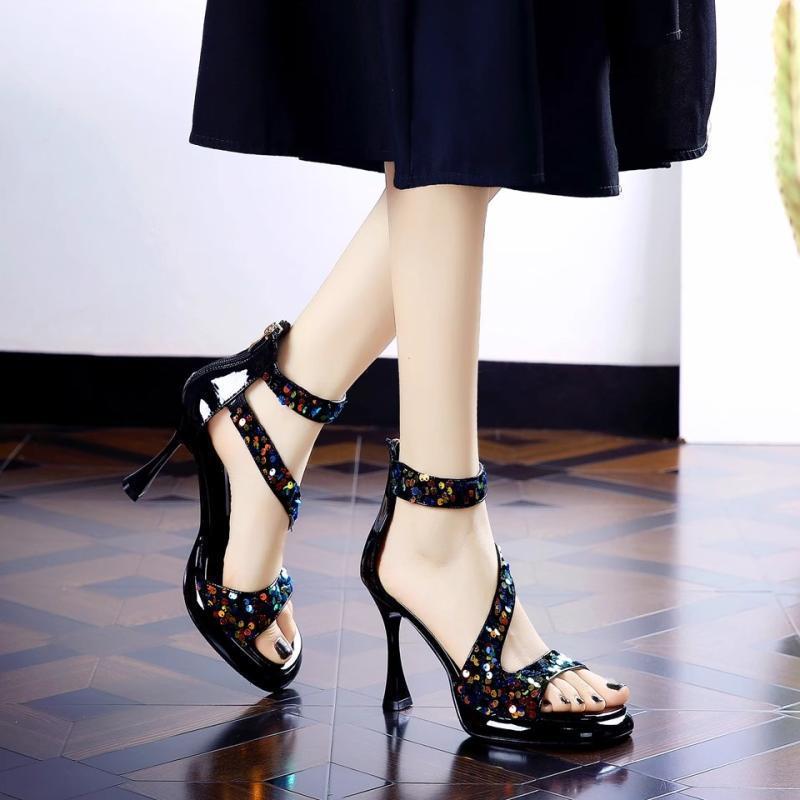 Summer 2025 new waterproof table open-toed high heels women's sequined banquet dress stiletto non-slip sandals with skirt