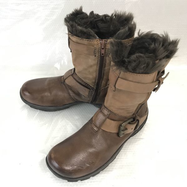 

earth shoe kalso Leather Fur Side-Zip Boots Brown 7B/23.524.0cm