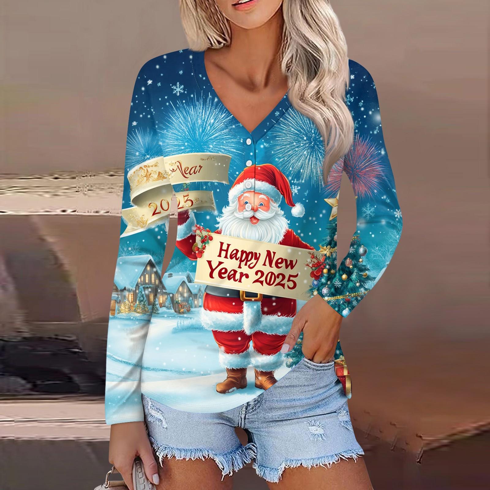 

Женская повседневная мода сексуальный комфорт рождественский принт V-образный вырез пуговицы длинный рукав XL небесно-голубой