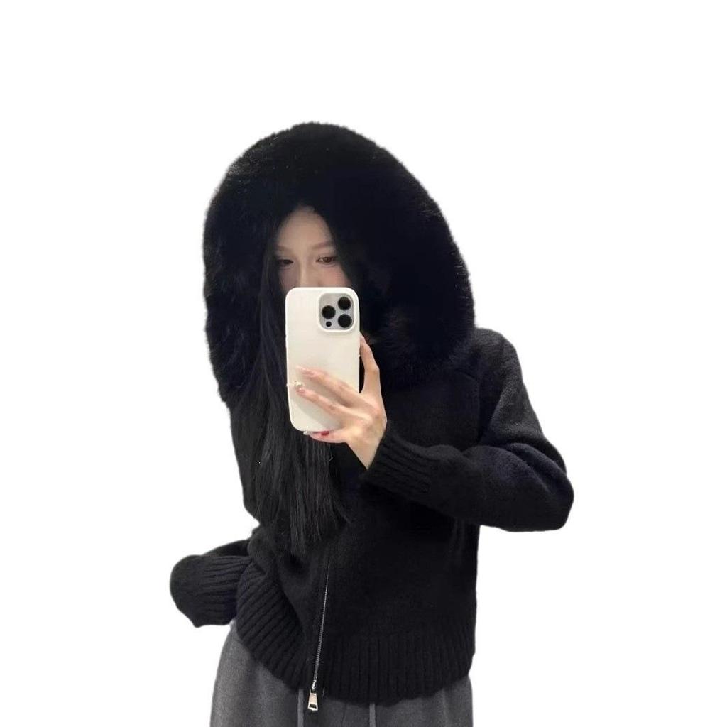 2026 Korean Retro Knit Cardigan: Women's Loose, Casual Long Sleeve Hooded Sweater with Fur Collar for Autumn and Winter