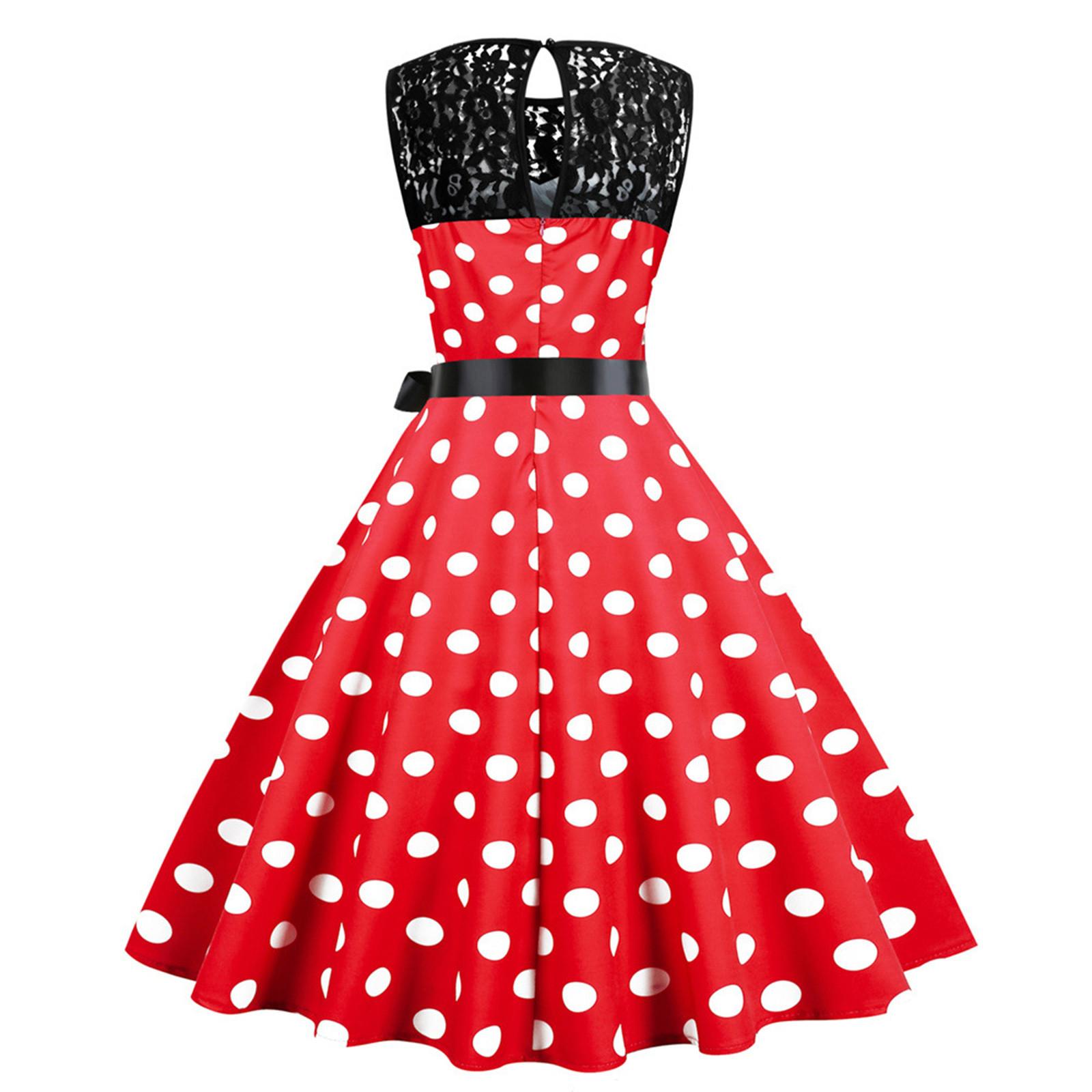 Women s Polka Dot Sleeveless Lace Splicing Fashion Print Party Hem Dress L