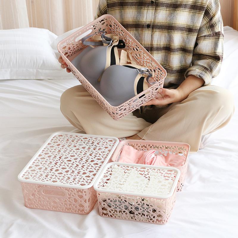 Plastic Storage Box Stackable Storage Container Hollow Out Delicate Storage Basket With Lid For Clothes Toy Home Storage Supply