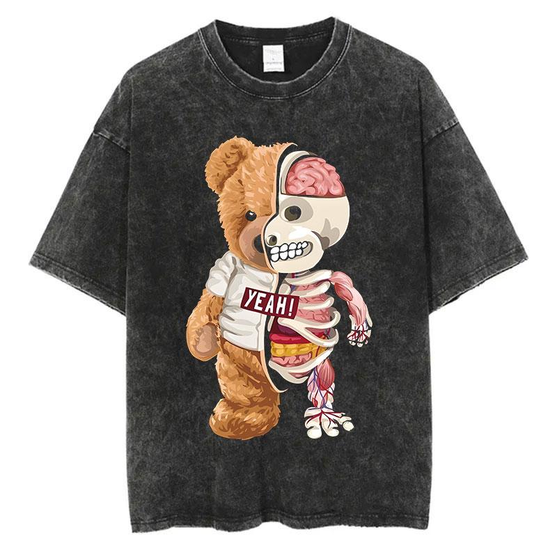 

Постиранные футболки Y2K Лето Мужские Женские Футболка с принтом медведя Повседневная 100% хлопок Панк Готика Винтаж Топ Футболка 3XL