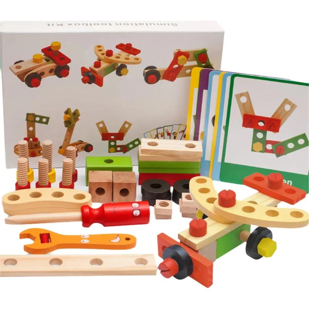 non-toxic Educational Montessori Kids Toys Plastic Wooden Toolbox Pretend Play Children Nut Screw Assembly Simulation Carpenter Tool Toys