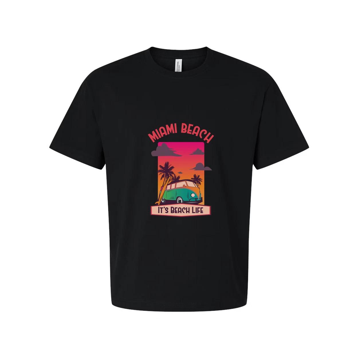 

Miami Beach Retro Sunset Graphic T Shirt With Palm Trees And Classic Van Illustr S