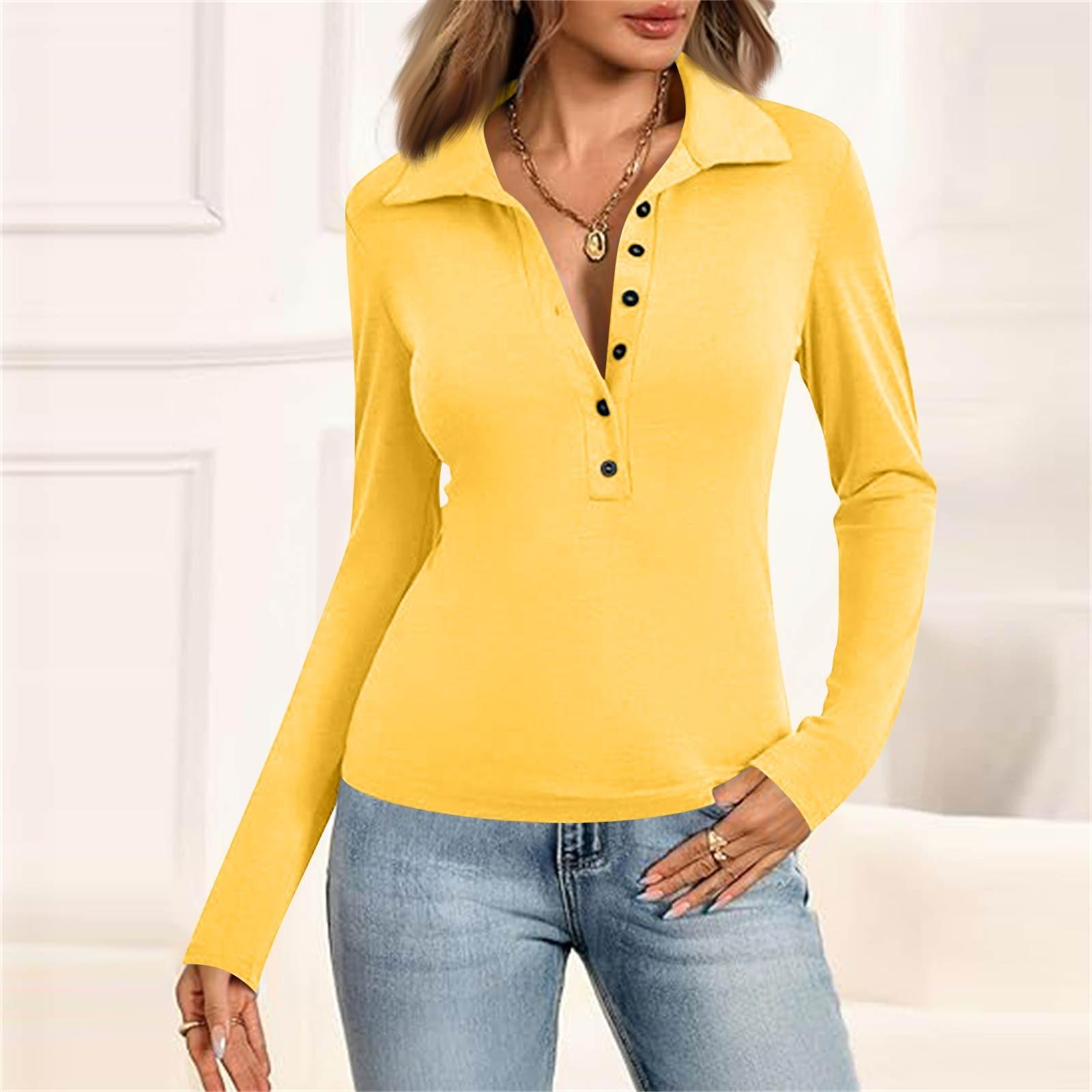 

Женская Мода Повседневная Однотонная V-образный вырез Длинный рукав Застежка на пуговицы Воротник на пуговицах Рубашка Топ XL жёлтый