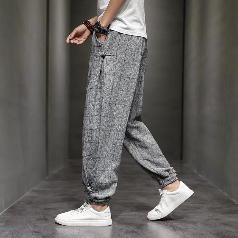 Pantalones de Algodón y Lino para Hombre Tendencia Hebilla de Disco Pantalones Hallen Hombre Primavera Verano Cómodos Transpirables Pantalones Casuales