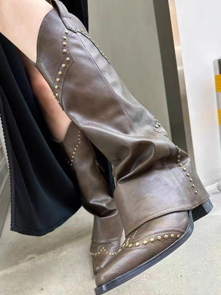 Pointed Toe High Heel Thigh-High Boots with Rivet Zipper Decoration - Women's Trend 2025