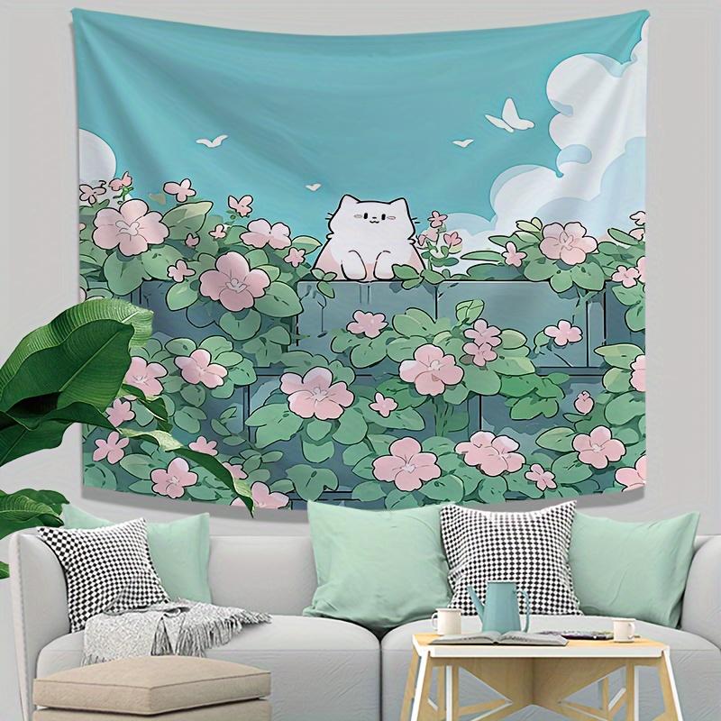 Bohemian Cartoon Cat Flowers Tapestry Wall Hanging Polyester Fabric Art for Bedroom Living Room Dorm Home Decor Gift 74x94cm(29x37in)