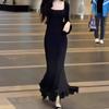 Autumn women's new popular models, beautiful step-by-step lotus black fishtail dress, autumn wear a long dress