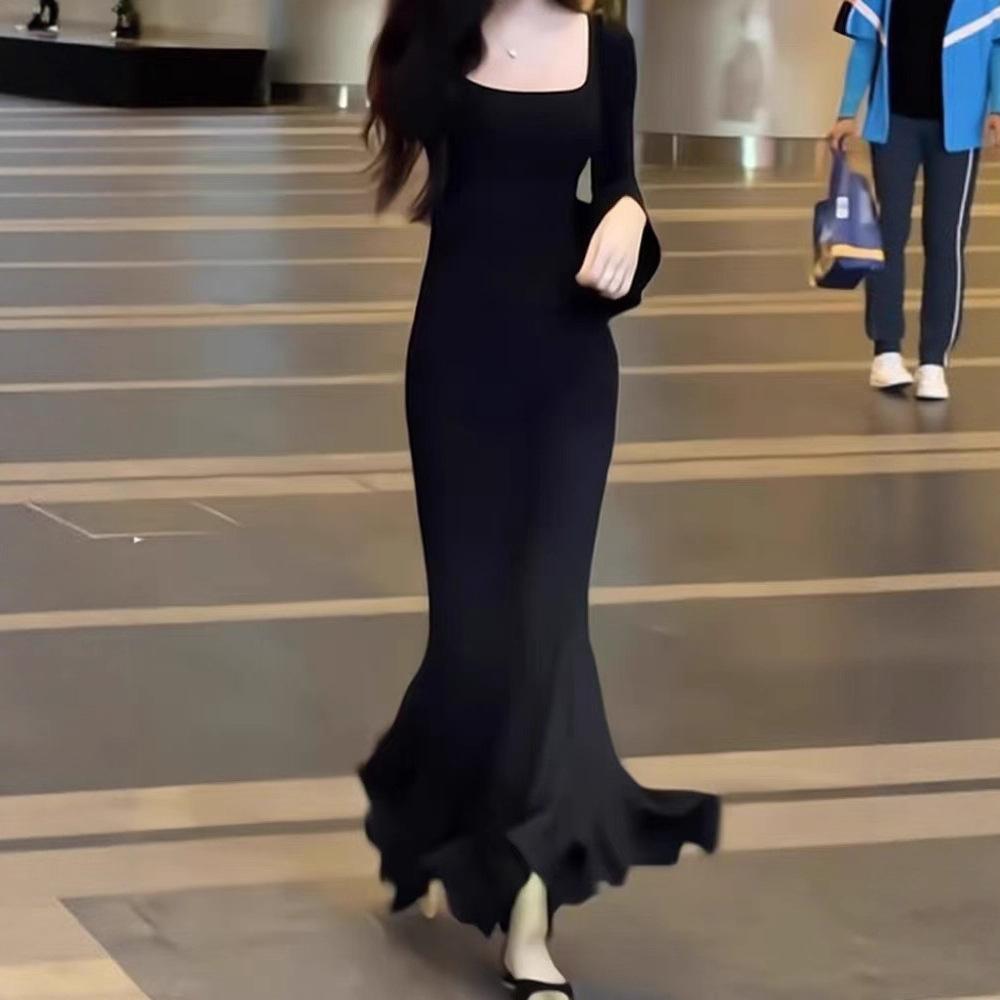Autumn women's new popular models, beautiful step-by-step lotus black fishtail dress, autumn wear a long dress