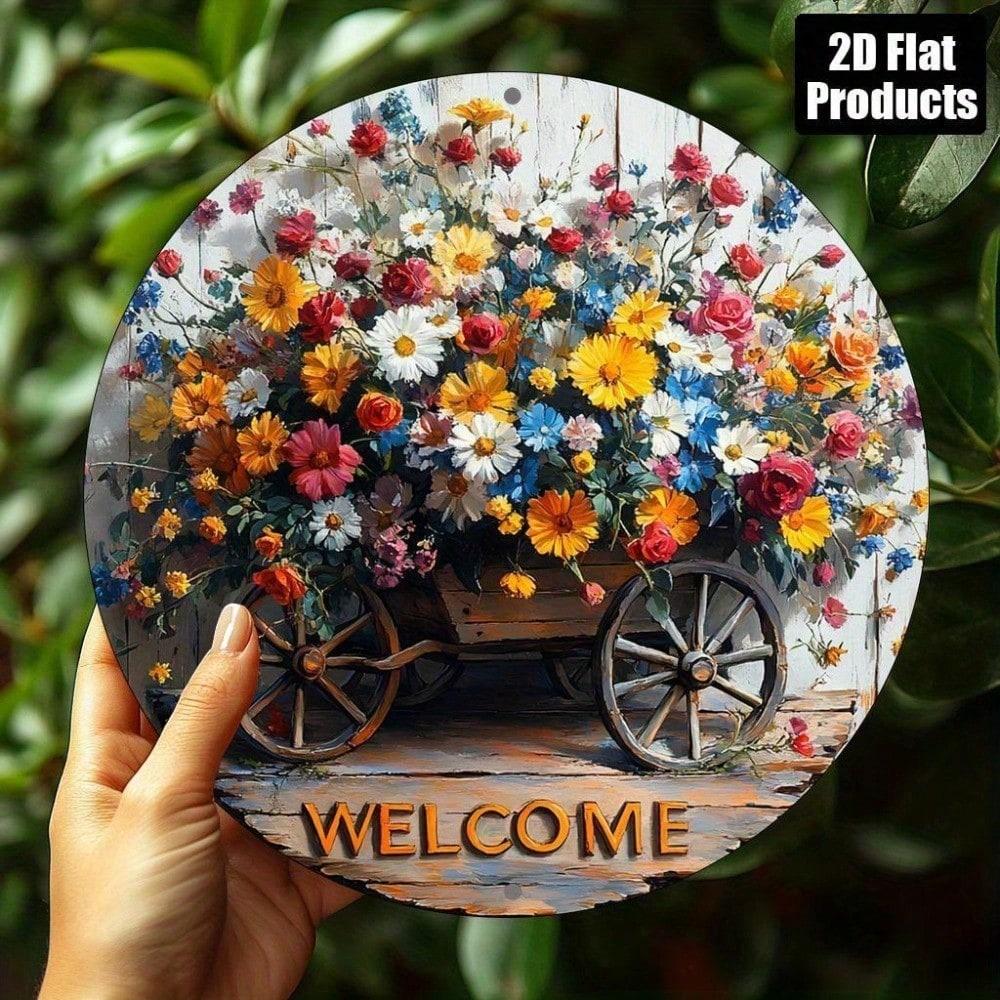 Vintage Garden Wheelbarrow Welcome Sign Rustic Round Aluminum Wall Decor 8 Inch Colorful Floral Home Kitchen Decor