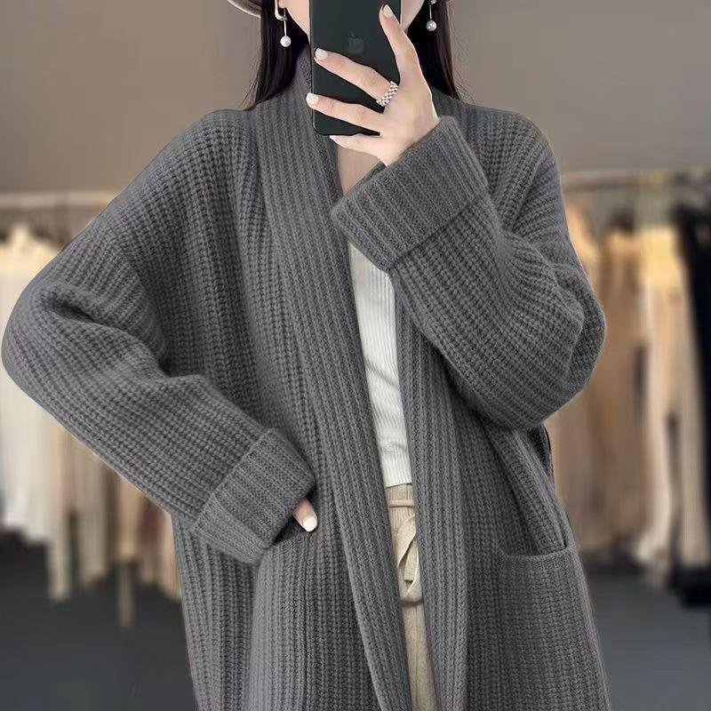 Korean Style Chunky Knit Plus Size Loose Cardigan - Autumn/Winter Women's Trendy Mid-Length Sweater Coat