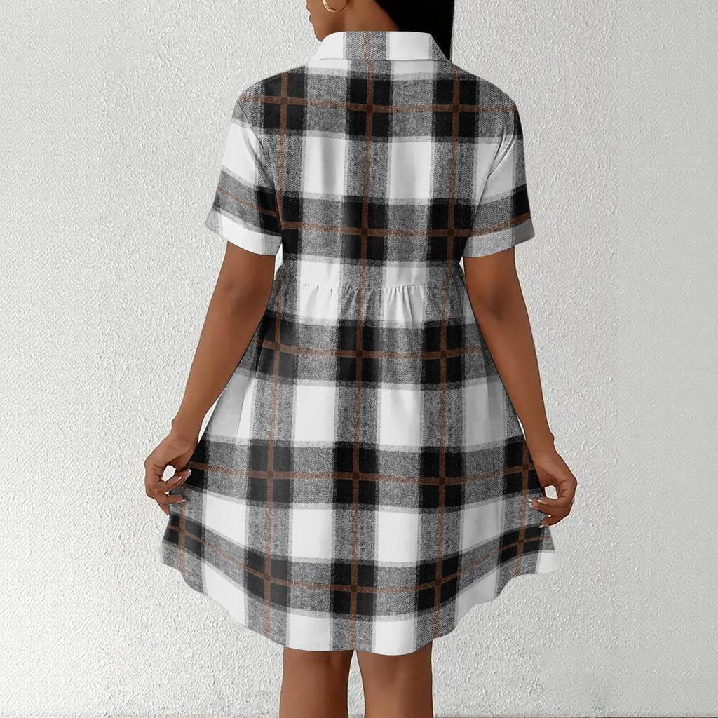 Women Casual Loose Fit Shirt Dress Button Front Short Sleeve Collared Dress Lightweight Plaid Pattern Summer Dress
