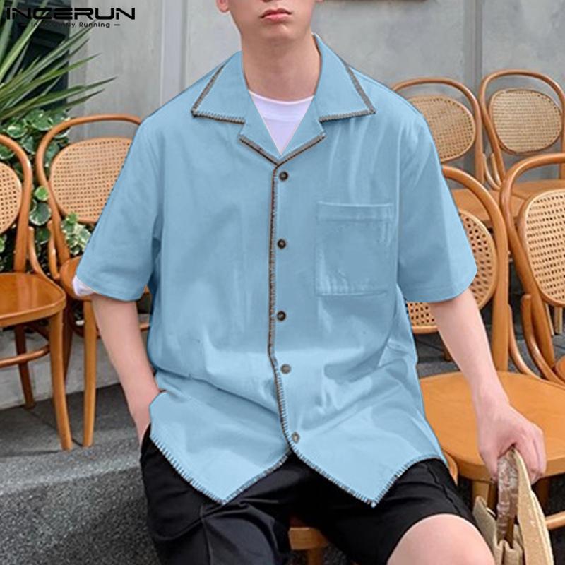 INCERUN Cămăși de vară pentru bărbați cu mânecă scurtă, cusături casual, vintage, din bumbac