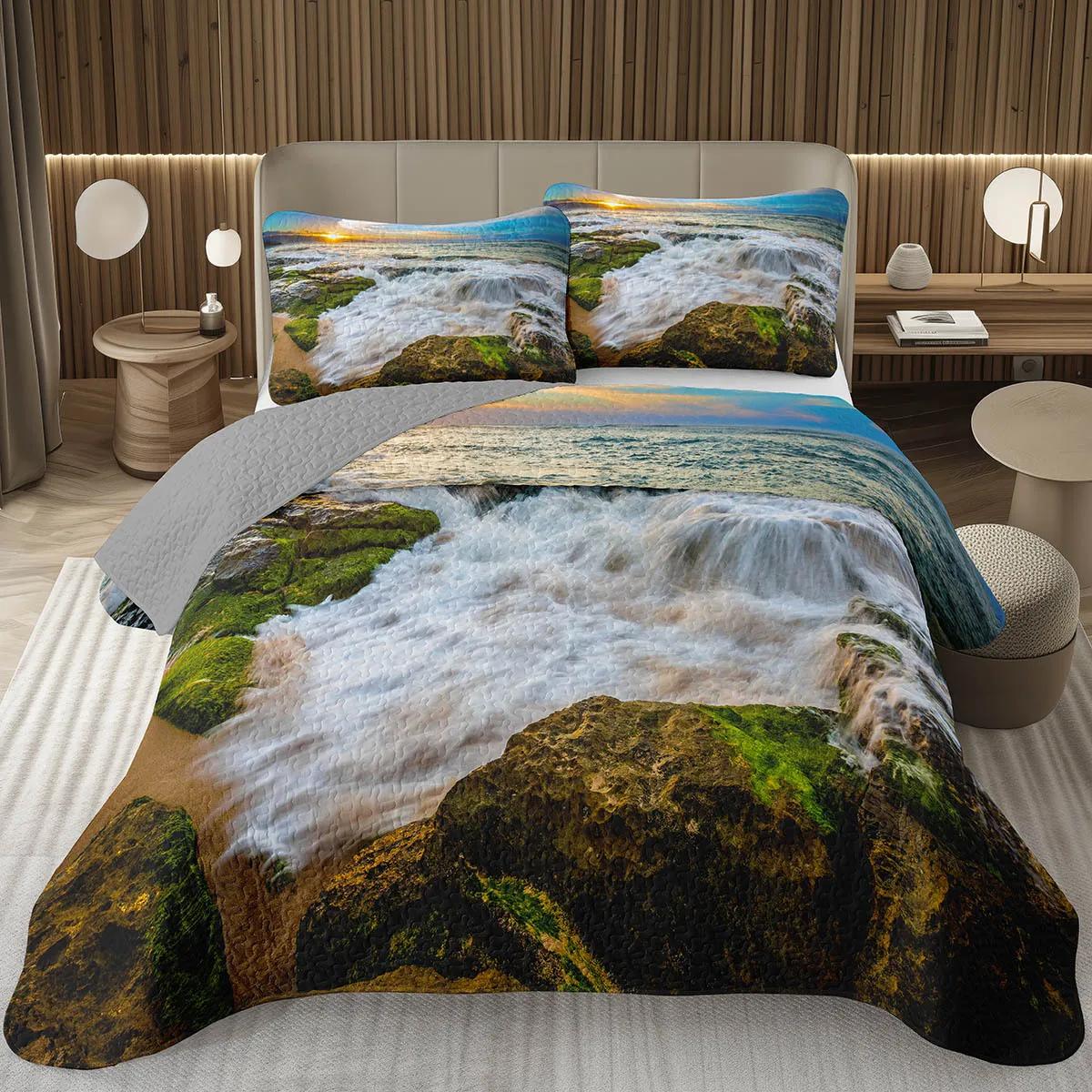 

Natural Landscape Coverlet Set Sea Beach Quilt Set Twin Queen Size,Coastal Bedspread Set Seaside Landscape Coastal Theme Bedding 135x200cm