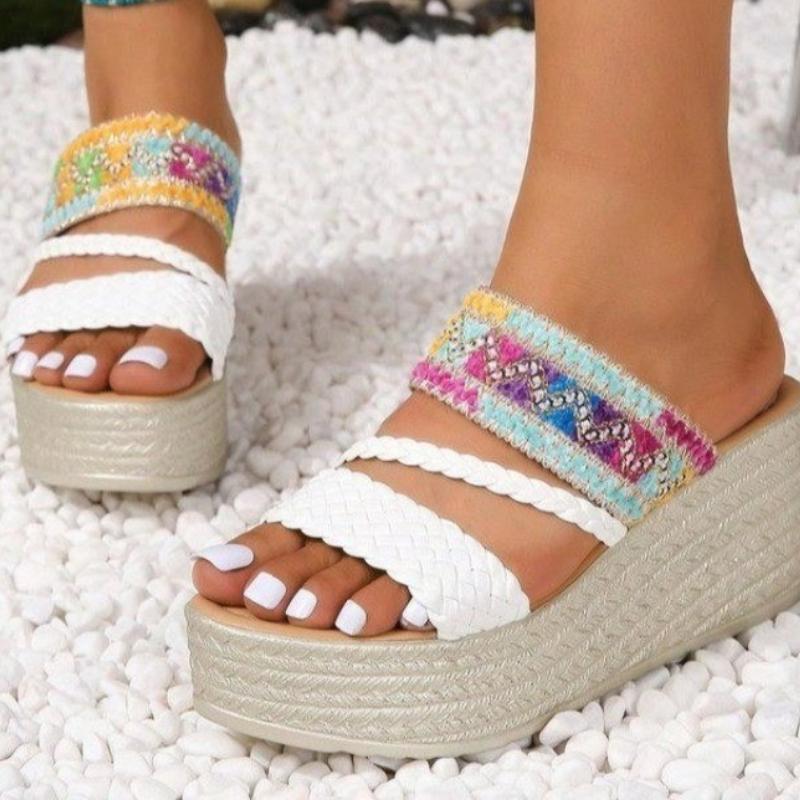 Fashion 2025 NEW Large Size Summer New Thick Heel Slippers Women's Woven Comfortable Outdoor Shoes Rubber Sole Ladies Sandals