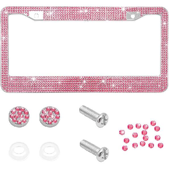 Bling Car License Plate Frame, Handcrafted Rhinestone License Plate Frame With Glitter Screw Caps, Sparkly Bedazzled Diamond Stainless Steel License