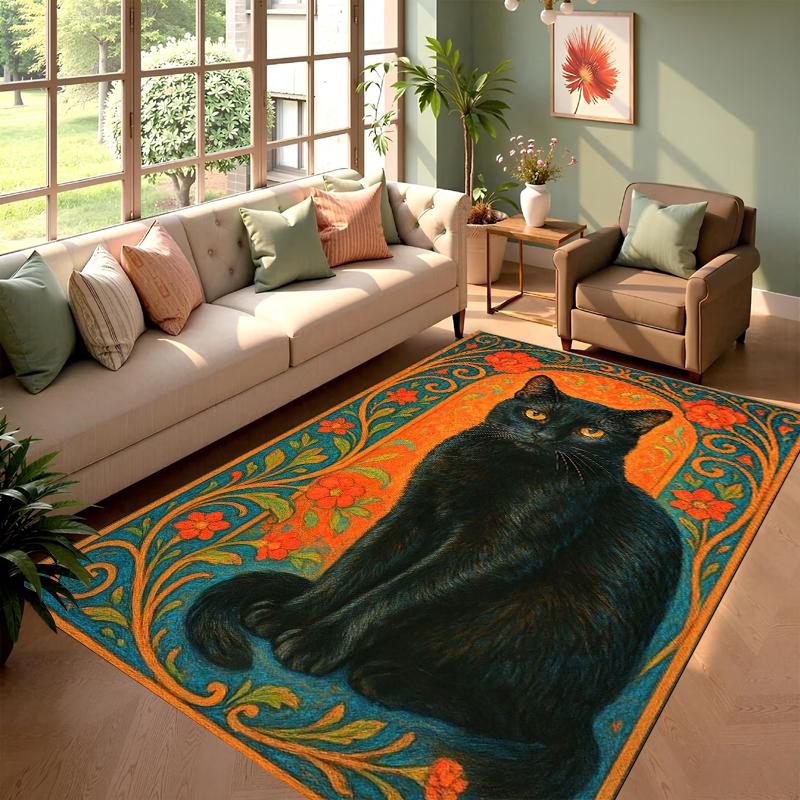 Artistic Black Cat Rug Vintage Floral Border Print Non-slip Washable Durable Floor Mat for Living Room Bedroom Decor
