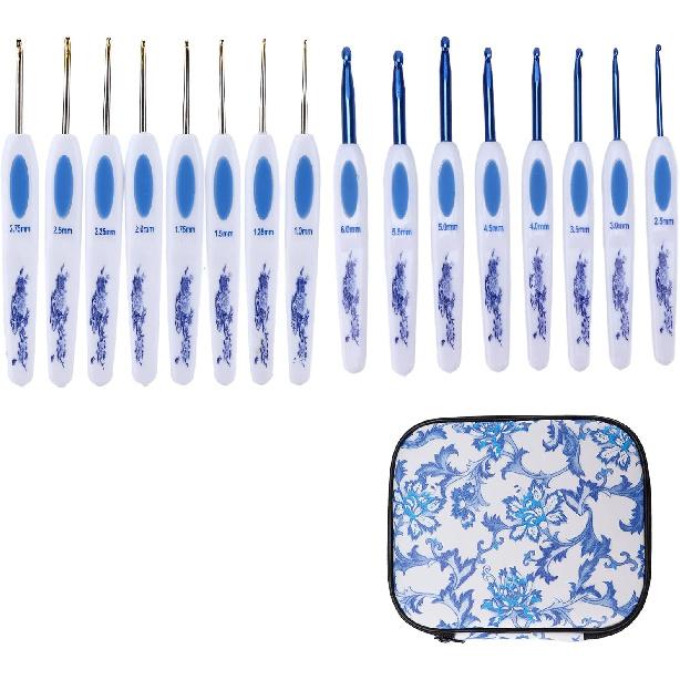 Crochet Hooks Needles for Arthritic Hands, 16 Piece Set Extra-Long Chinese Style Crochet Hook Set Ergonomic Soft Grips Knitting Hook Metal Crochet