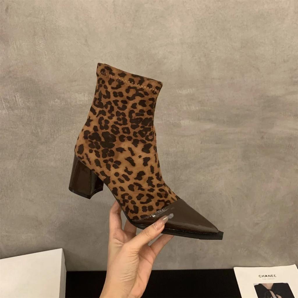 Designer Leopard Print Women Ankle Boots Pointed Toe Short Booties Concise Patchwork Thick Heels Pumps Botas De Mujer
