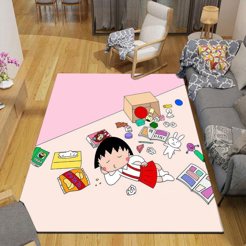 Chibi Maruko‑chan2 Flannel Pattern Square Carpet,Area Rug,Carpet Rug for Living Room Bedroom Sofa Playroom Decor,Non-slip Floor Mat