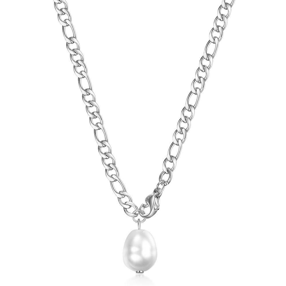 European Fashion Titanium Steel Figaro Chain Necklace with Faux Pearl Pendant