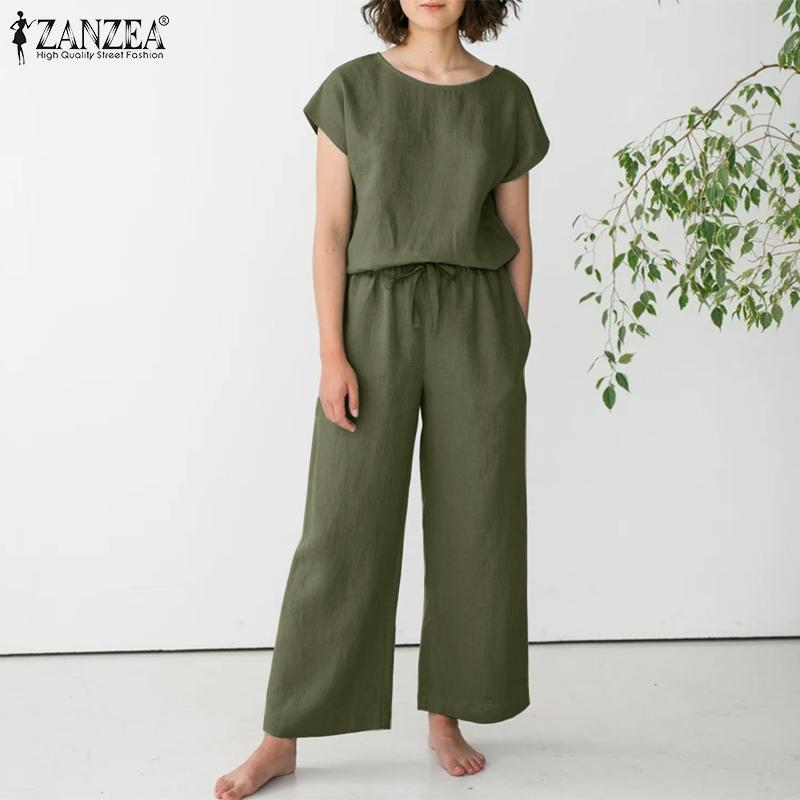 

ZANZEA Женская летняя одежда, футболка с короткими рукавами и брюки, повседневный костюм из двух предметов