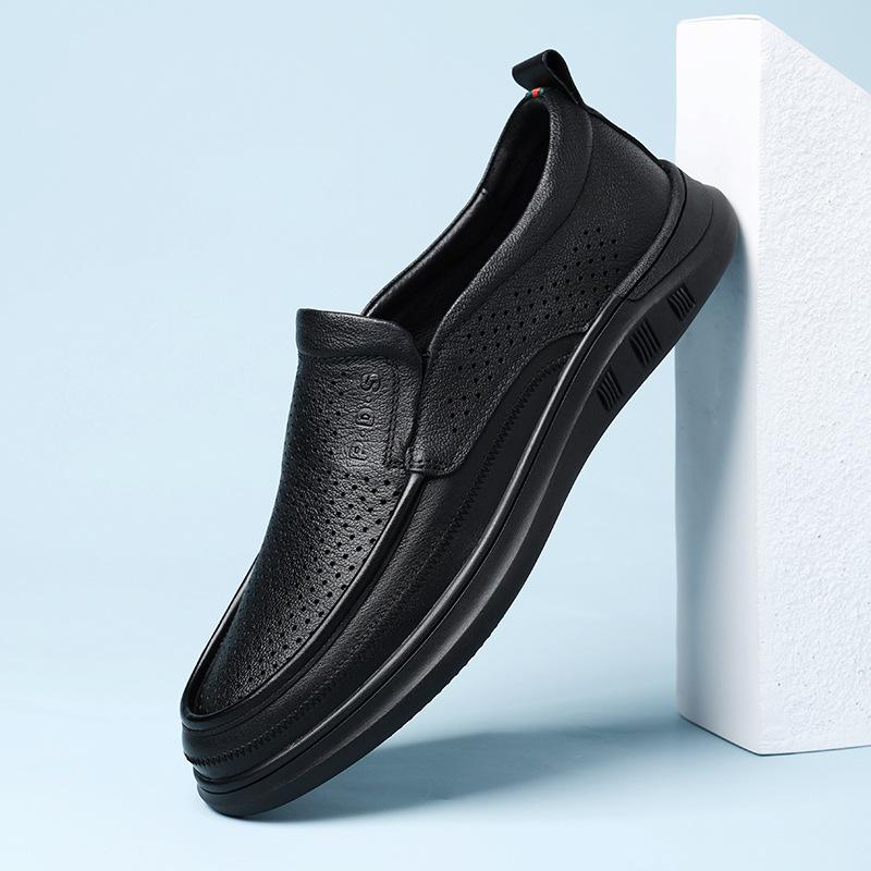 Genuine leather men's shoes 2025 summer new casual shoes punched hollow sandals versatile soft sole soft surface one pedal leather shoes