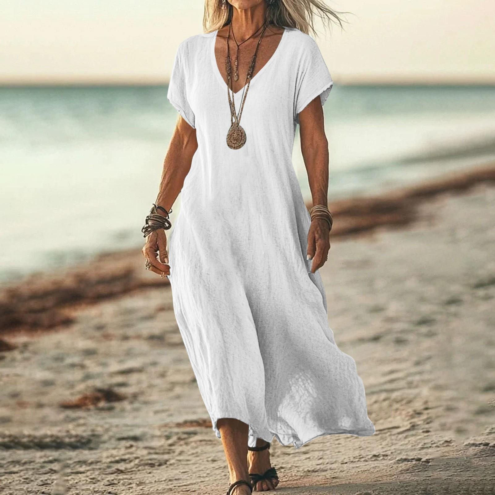 

Модное женское однотонное платье с V-образным вырезом, длинное, свободное L белый