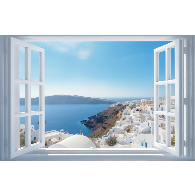 Open Window Santorini Island Ship Aegean Sea Wall Art Poster Print Greece Canvas Painting for Living Room Home Decoration