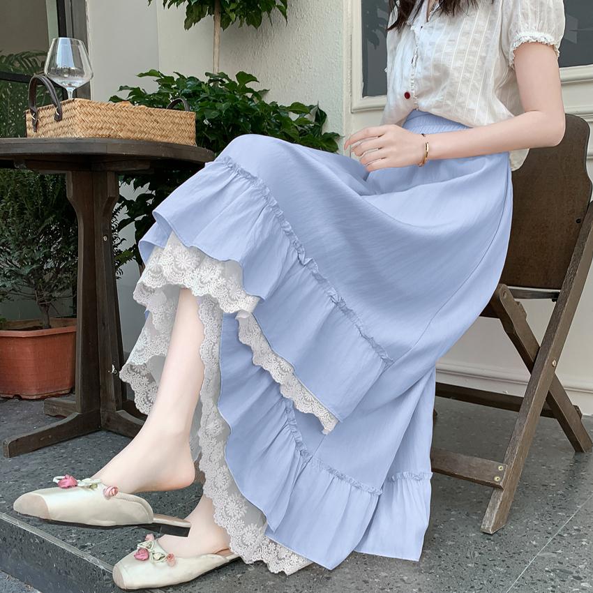 Elegant Lace Trim A-Line Skirt – Summer Women's Asymmetrical Flared Hem Maxi Swing Skirt with Draped Sweet Design