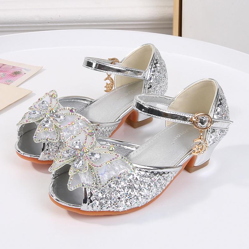 Girls  Rhinestone Bow High Heel Sandals - Shiny Summer Princess Elsa Shoes EU 32 / Insole 20.3 cm серебряный