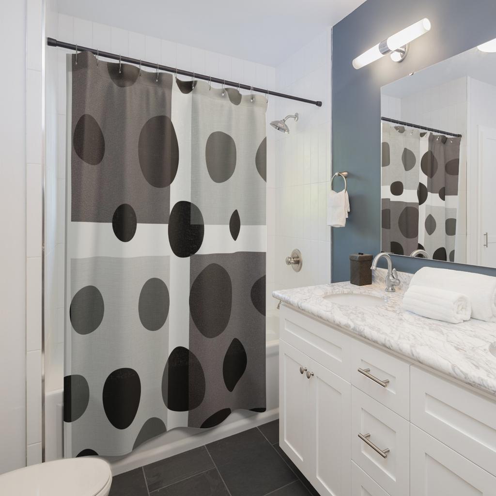 Schwarz-Grauer Polka-Dot-Duschvorhang Geometrisches Muster Modern-Minimalistisches Design Elegante Badezimmerdekoration Wasserdicht Ungiftig