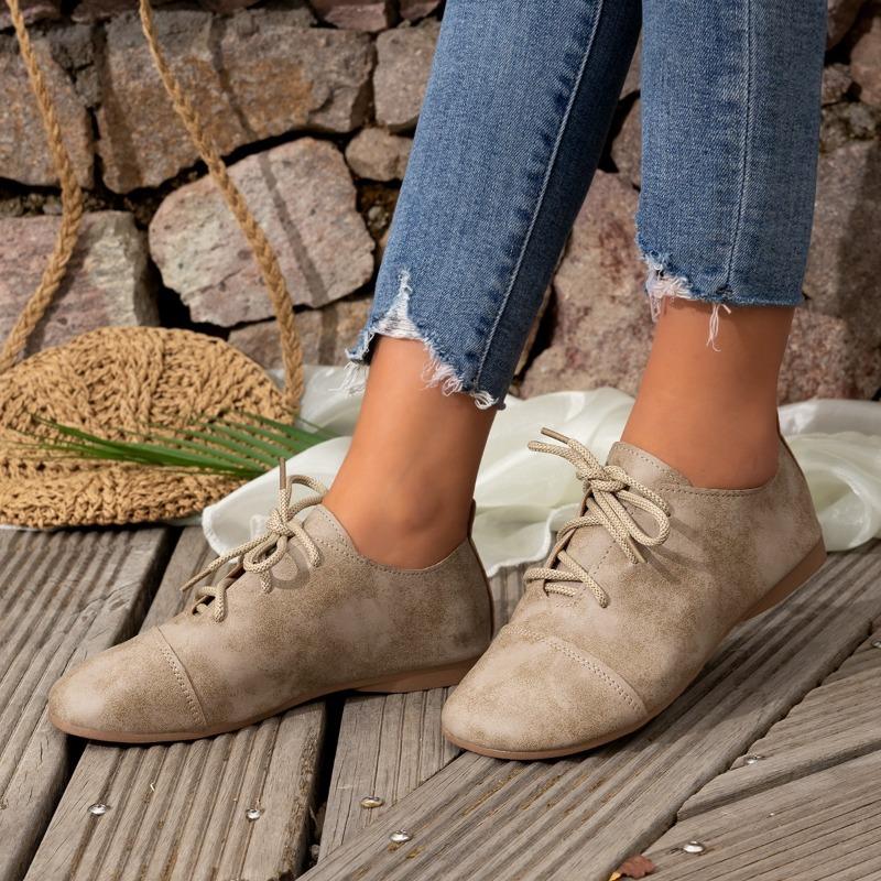 Retro Flat-bottomed Lace-up Single Shoes Women's Spring New Large-size Round-head Soft-soled Doudou Shoes Size 43