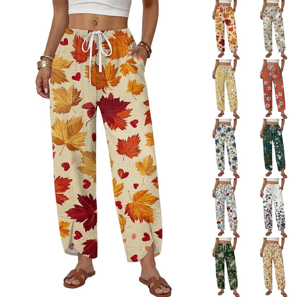 Women's Casual Loose Straight Leg Drawstring Printed Long Pants with Relaxed Fit Lightweight Breathable Fabric for Everyday Wear