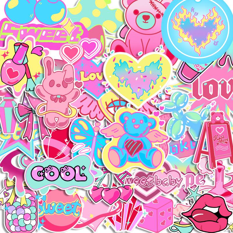 Cute Pink Bear & Rabbit Y2K Journal Stickers, Waterproof, 50 Sheets