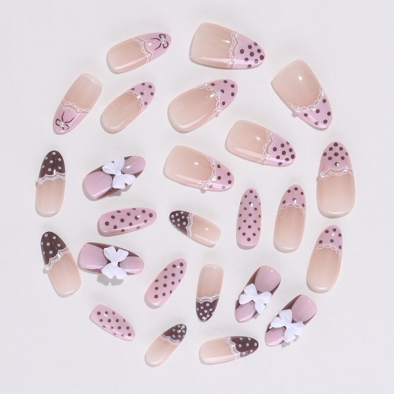 24Pcs Sweet Pink French Tip Polka Dot Nails With 3D White Bow Almond Shape False Nails Detachable Press On Nails For Women