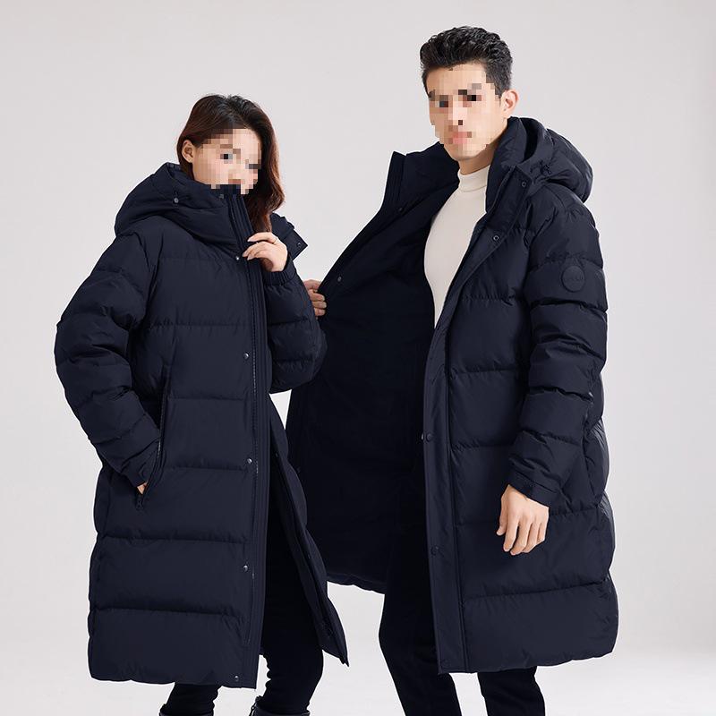 Couple's Long Black Hooded Duck Down Jacket - Thick, High Fill Winter Outerwear